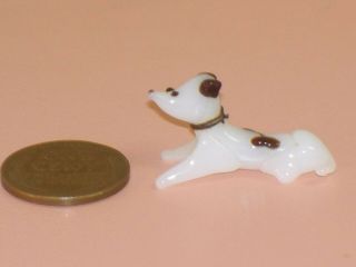 Vintage Old Blown GLASS Tiny DOG FIGURINE miniature Murano white brown mini pup 4