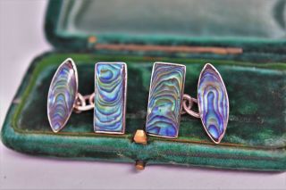 Vintage Mens Sterling Silver Cufflinks With Art Deco Abalone G802