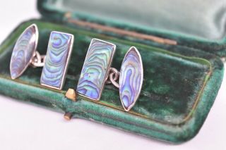Vintage Mens Sterling Silver cufflinks with Art deco Abalone G802 2