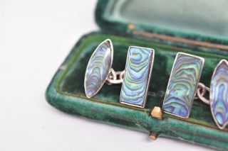 Vintage Mens Sterling Silver cufflinks with Art deco Abalone G802 3