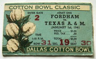 Vintage Cotton Bowl Football Ticket 1941 Texas A&m Fordham Aggies Won Ranked 6