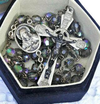 Vintage Rosary Italian Iridescent Glass Beads,  Sacred Heart Jesus,  Halo Crucifix