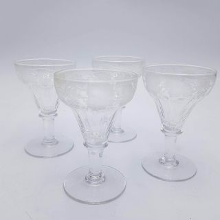 Set Of 4 Vintage Cut Etched Glass Port Wine Glasses 4 " Tall -