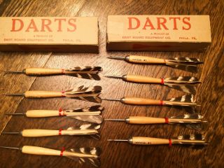 11 Vintage Wooden Steel Tip Darts With Turkey Feather Flights