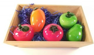 6 Vtg Murano Style Hand Crafted Glass Life Size Fruit Vegetables W/ Wooden Box