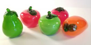 6 Vtg Murano Style Hand Crafted Glass Life Size Fruit Vegetables w/ wooden box 3