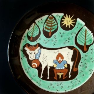 Schweizer Heimatwerk Switzerland Vtg Plate Swiss Folk Art Pottery Milking Cow