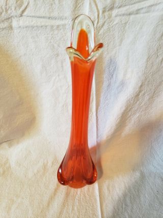 Vintage Viking Art Glass Stretch Swung Orange 3 Drape Vase 14 " Tall With Sticker
