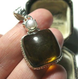 Solid 925 Sterling Silver Vintage Style Real Amber & Pearl Necklace Pendant