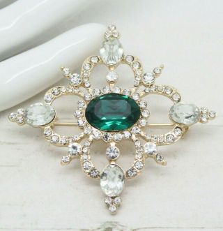 Vintage Art Deco Ornate Emerald Crystal & Clear Rhinestone Brooch Pin Jewellery