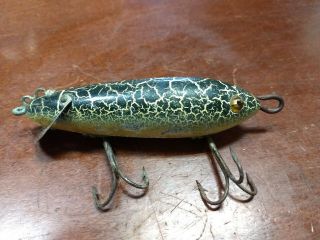 Vintage Heddon Dowagiac Green Crackleback Wooden Glass Eye Fishing Lure Bait