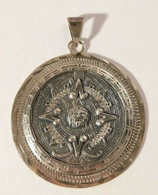 Vtg.  Large Sterling Silver 925 Aztec Calendar Pendant Medallion Mexico