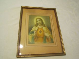 Vintage Jesus Christ Sacred Heart Picture Print Framed - Catholic Religious