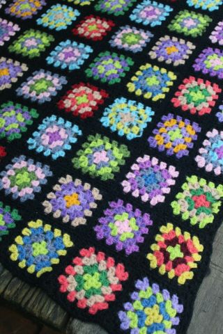 Vintage Handmade Crochet Granny Square Patchwork Afghan/throw Black Rainbow