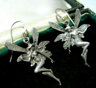 Large Vintage Sterling Silver Naked Fairy Art Nouveau Dangle Drop Earrings