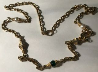 Vintage Mid Century Modernist Glass And Faux Pearl Gold Tone Necklace