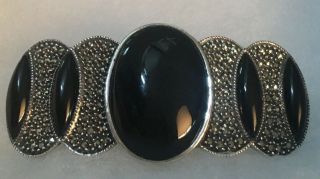 Judith Jack Large Vtg Sterling Silver Art Deco Marcasite Black Onyx Pin Brooch