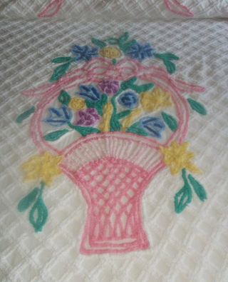 Vintage Cotton Flower Basket Chenille Full Bedspread 100 x 86 2