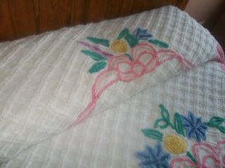 Vintage Cotton Flower Basket Chenille Full Bedspread 100 x 86 3