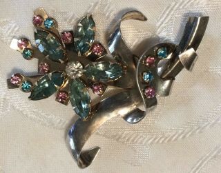 Vintage Sterling Silver Brooch,  Light Blue,  Pink And Clear Rhinestones