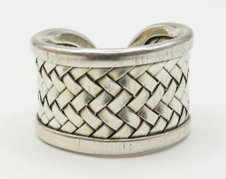 925 Sterling Silver - Vintage Industrial Weave Pattern Cuff Band Ring - R2163