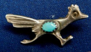 Native American Cast Sterling Stamped Turquoise Handmade Vintage Roadrunner Pin