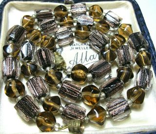 Vintage Jewellery Art Deco Smokey Topaz Glass Gold Foil Bead 18 " Long Necklace