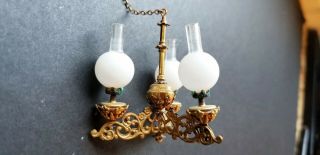 Vintage Small 3 Arm Brass Chandelier With White Bristol Glass Shades