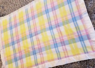 Vintage Baby Blanket Plaid Thermal Pastel Acrylic Satin Trim 36x50 Chatham USA 3