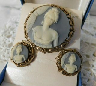 Vintage Faux Cameo Framed Brooch Pin And Earrings Set Slate Blue And White