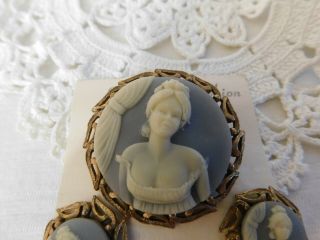 Vintage Faux Cameo Framed Brooch Pin and Earrings Set Slate Blue and White 3