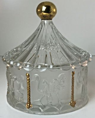 Vintage Lead Crystal Carousel Dish With Lid Raised Frosted Designs Gold Accents