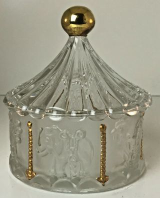 Vintage Lead Crystal CAROUSEL Dish With Lid Raised Frosted Designs Gold Accents 2