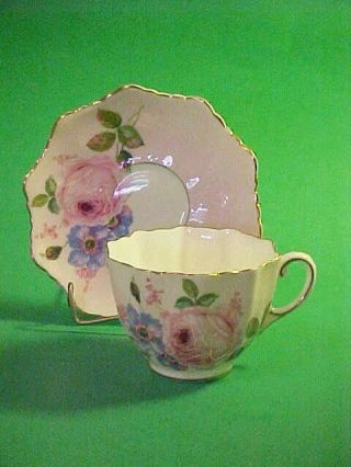 Vintage Paragon Cup And Saucer Pink With Large Rose And Blueflower Gold Trim