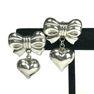 Vintage Earrings Puffy Heart Bow 925 Sterling Silver Dangle Pierced 1980s