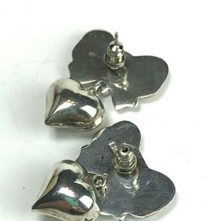 Vintage Earrings Puffy Heart Bow 925 Sterling Silver Dangle Pierced 1980s 5