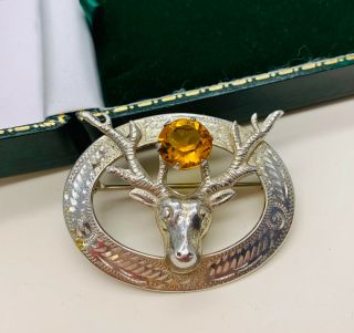Vintage Jewellery Sterling Silver Scottish Citrine Stag Brooch/pin (wbs 64/65)