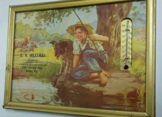 Vintage Advertising Picture Thermometer C.  H.  Milleman Butler,  Pa.  / Boy Fishing