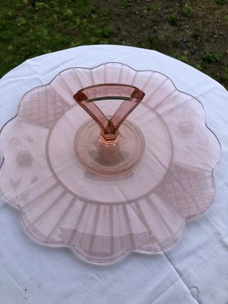 Vintage Pink Depression Glass Dessert Pastry Serving Tray Plate W/ Center Handle