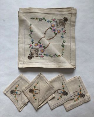 Vintage Hand Embroidered Linen Tablecloth (32x32) And Napkins (10x10) -