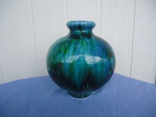 Vintage Retro Teal Green Blue Peacock Colours Drip Glaze Round Vase Italian