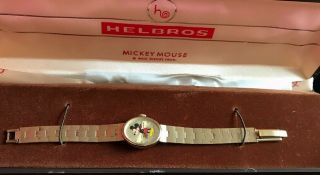 Vtg Helbros 17 Jewels Walt Disney Mickey Mouse Watch Gold Tone With Case M009