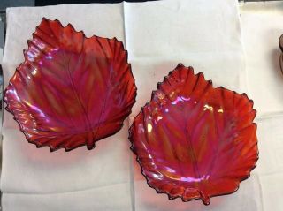 Vintage Iridescent Red Carnival Glass Leaf Dish 10 X 11”