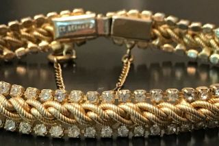 Vtg Jewelry Les Bernard Signed Crystal Rhinestone Gold Tone Bracelet Safety Chn