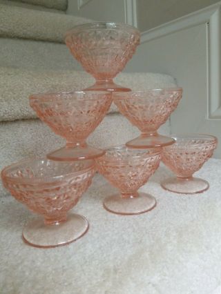 Vintage Set Of Six Pink Cut Glass Parfait Dessert Footed Bowls Dishes