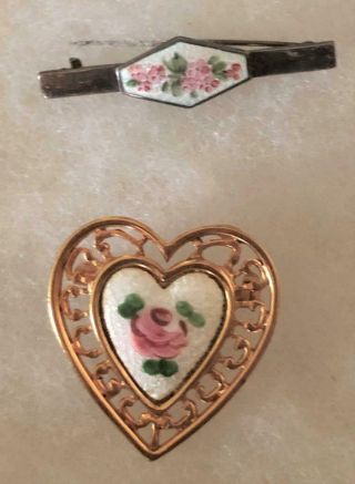 2 Vintage White Guilloche Enamel Pins Pink Roses Sterling Bar & Heart Pin