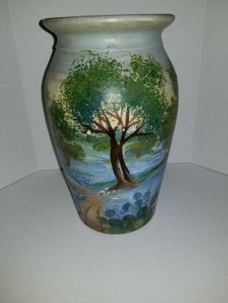 Vintage Unsigned Stoneware Hand Painted Crock Vase Unique Estate One Of A Kind