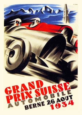 Art Deco 1934 Swiss Grand Prix Poster Berne 1930s Vintage Motor Racing Retro