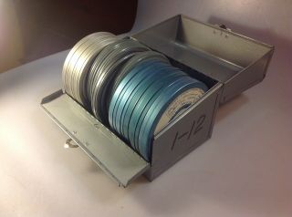 Vintage Metal 8mm Movie Film Storage Box W/ 12 Metal Reel Cans / Containers