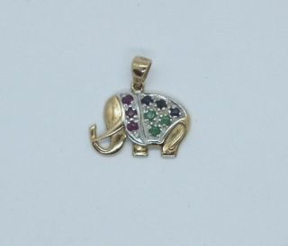 Vintage 9ct Yellow Gold Sapphire,  Emerald And Ruby Elephant Shaped Pendant.